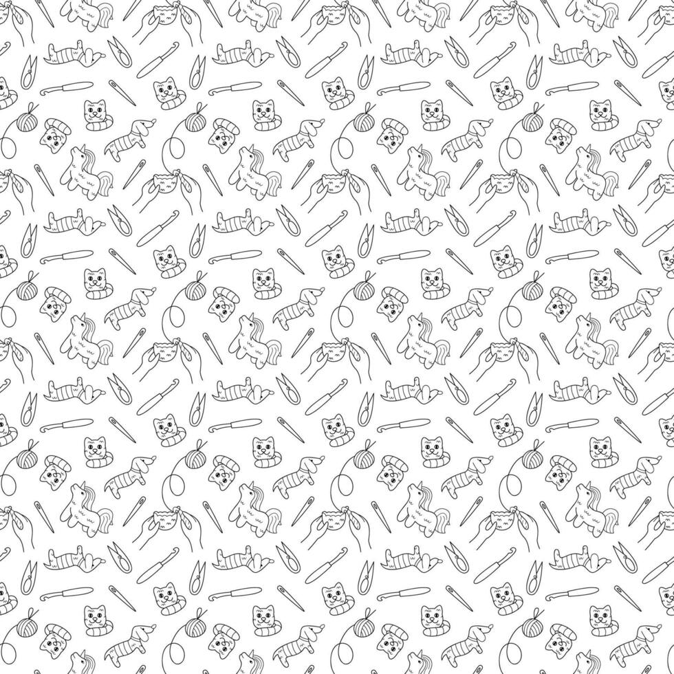 Seamless pattern with amigrumi knitting and knitted animals. Doodle outline illustration. vector