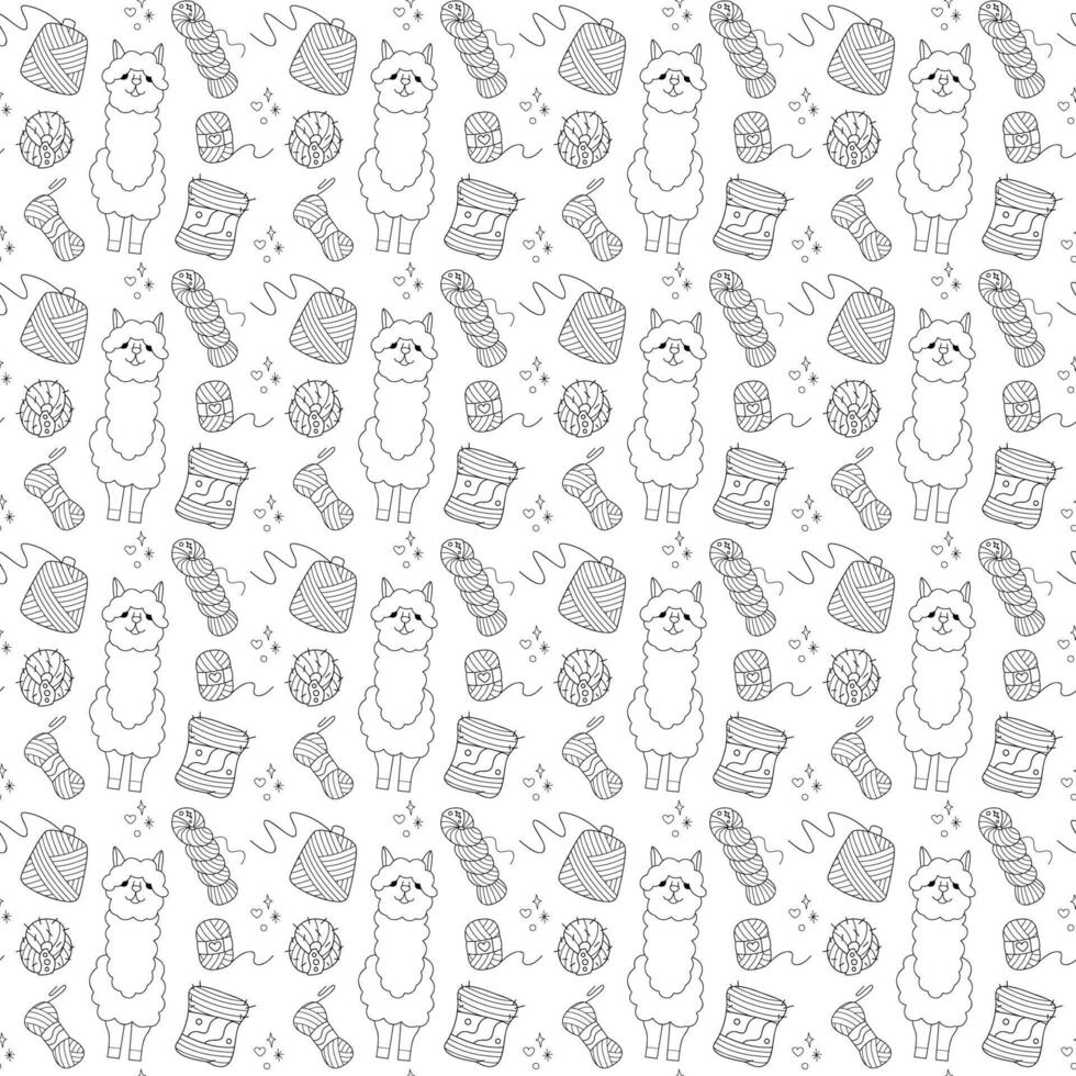 Seamless pattern with cute alpaca and skeins of yarn. Doodle outline illustration. vector