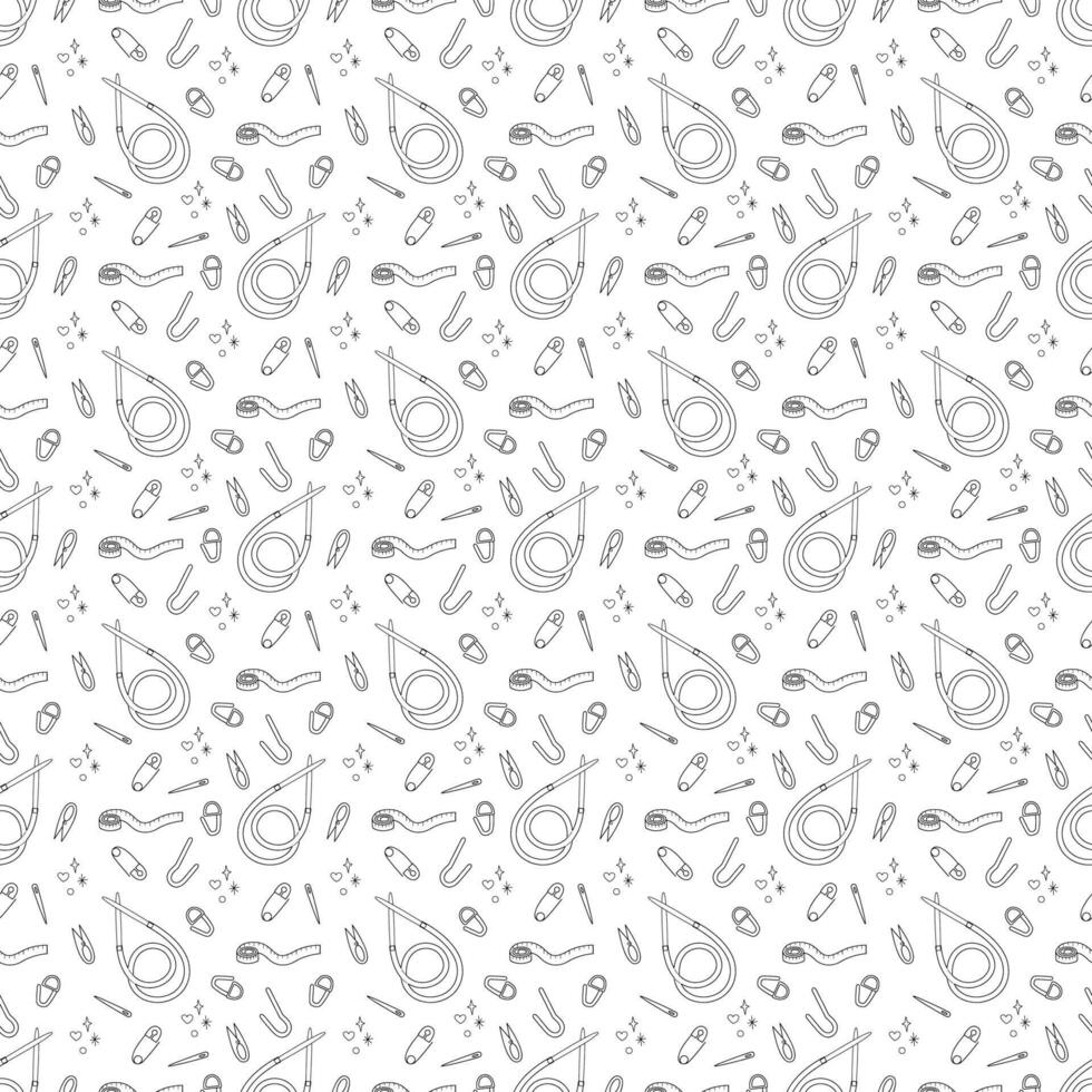 Seamless pattern with circular knitting needles and knitting tools. Doodle outline illustration. vector