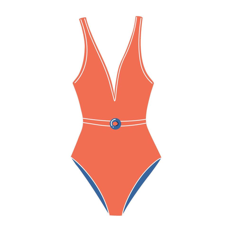Female retro model one-piece swimsuit. Cute stylish red beachwear. Vintage women beach clothing. Hand drawn illustration isolated on transparent background. vector
