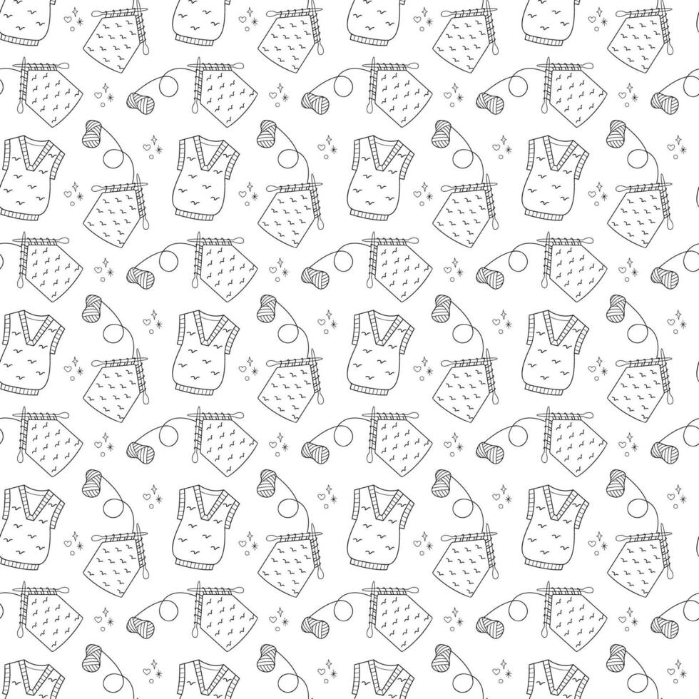 Seamless pattern with waistcoat and handcraft knitting. Doodle outline illustration. vector
