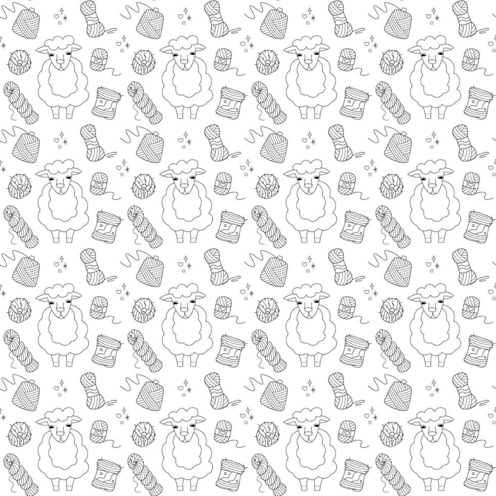 Seamless pattern with cute sheep and skeins of yarn. Doodle outline illustration. vector