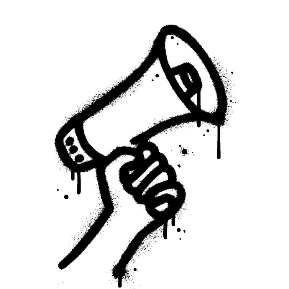 Hand with loudspeaker. Textured spray painted graffiti megaphone on black over white. Demonstration, protest drip symbol isolated on white background. Vintage illustration vector