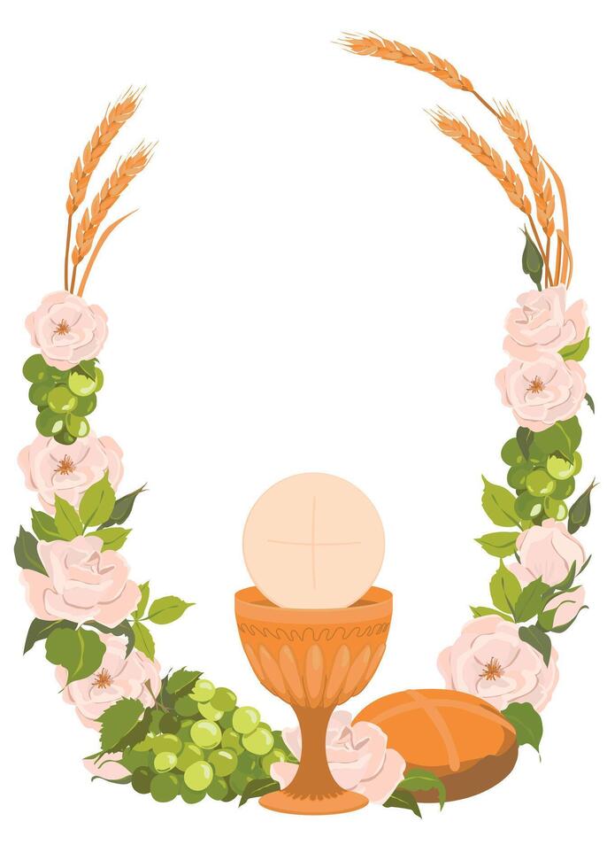 Symbols of the first communion in a round composition, wreath. Golden bowl for wine, bread, wine, grapes, white roses. Elements for beautiful invitation design. vector
