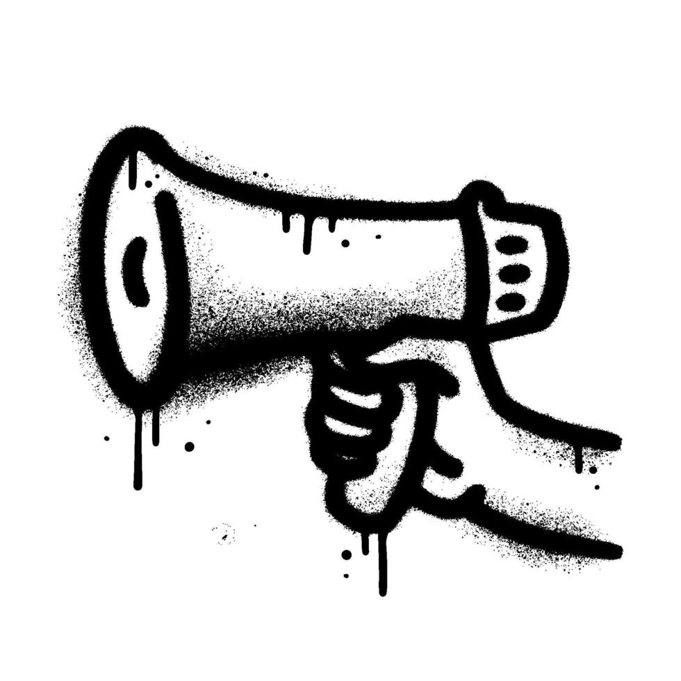 Hand holding a megaphone, loudspeaker. Spray painted urban graffiti megaphone on black over white. Demonstration, protest drip symbol. Textured illustration isolated on white background vector