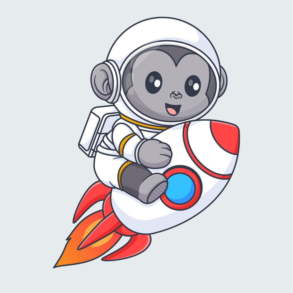 Cute gorilla astronaut riding rocket in space cartoon vector