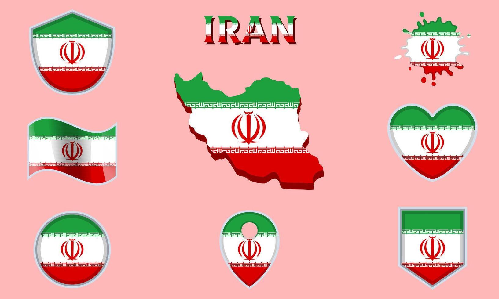 Collection of flat national flags of Iran with map vector