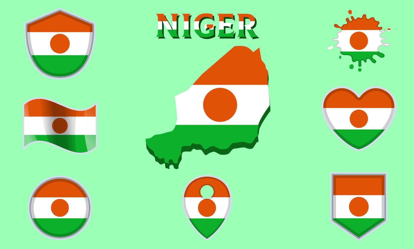 Collection of flat national flags of Niger with map vector
