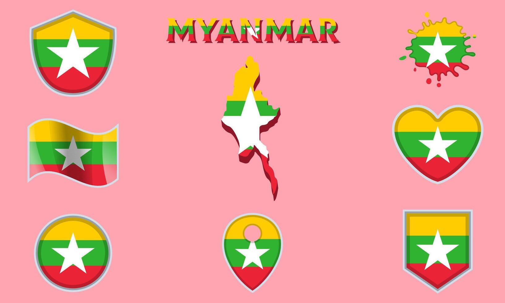 Collection of flat national flags of Myanmar with map vector