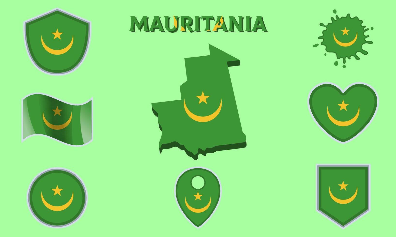 Collection of flat national flags of Mauritania with map vector
