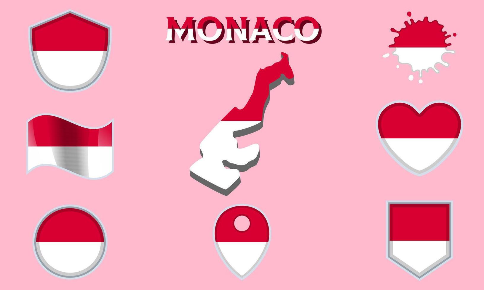 Collection of flat national flags of Monaco with map vector