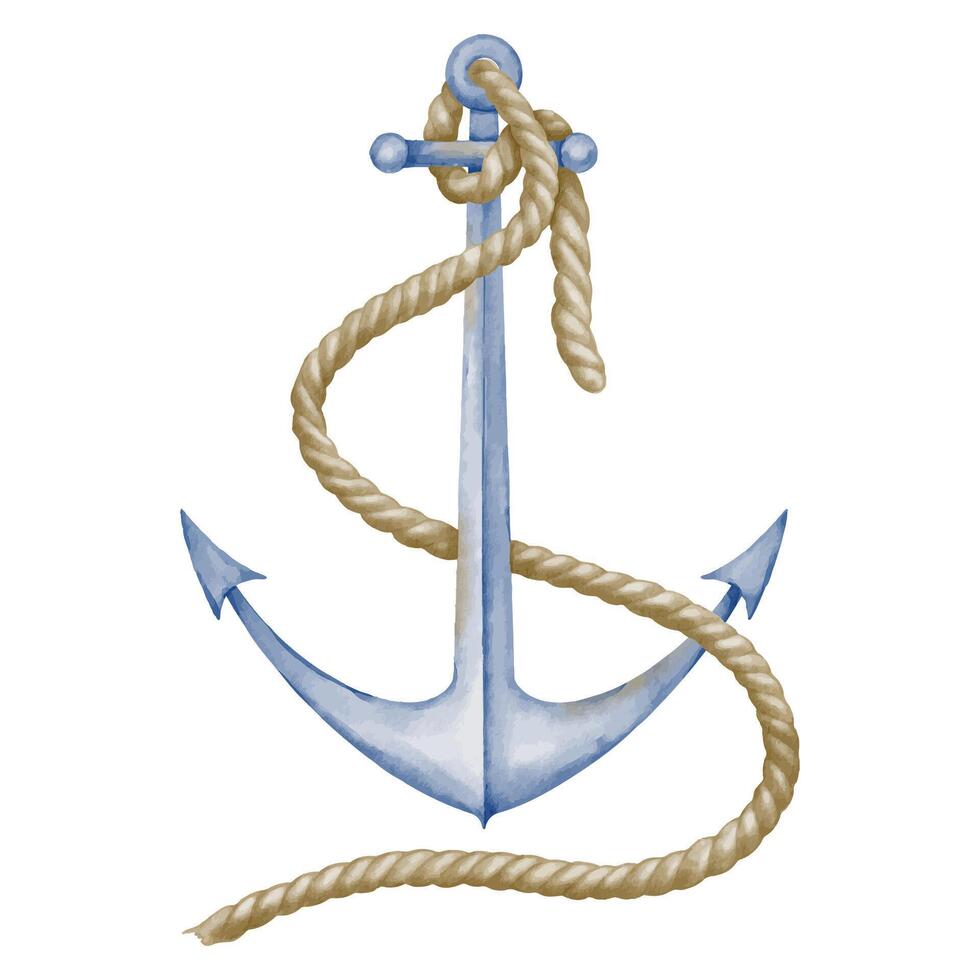 Anchor with Rope watercolor illustration in blue and beige pastel colors. Hand drawn clip art on isolated background. Drawing for print design or icon. Sketch for childish cards. Nautical style vector