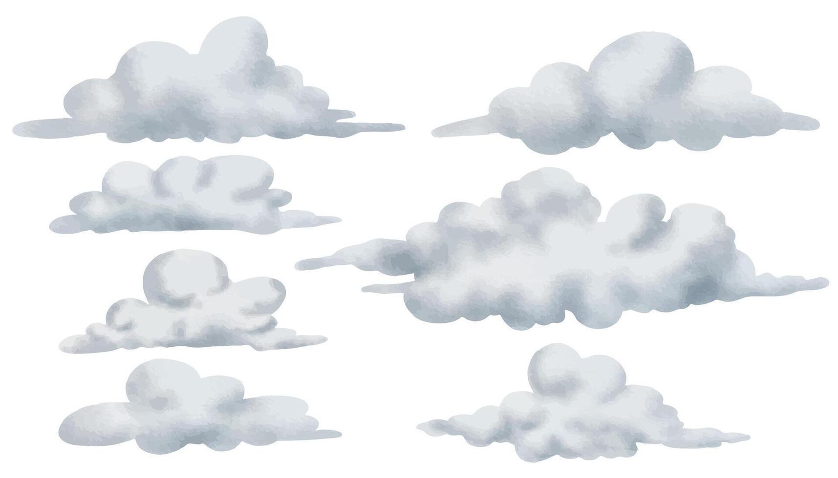 Watercolor Clouds set. Hand drawn illustration of sky fluffy elements for Baby shower greetings cards or nursery wall art. Dreamy drawing in pastel blue and white colors on isolated background vector