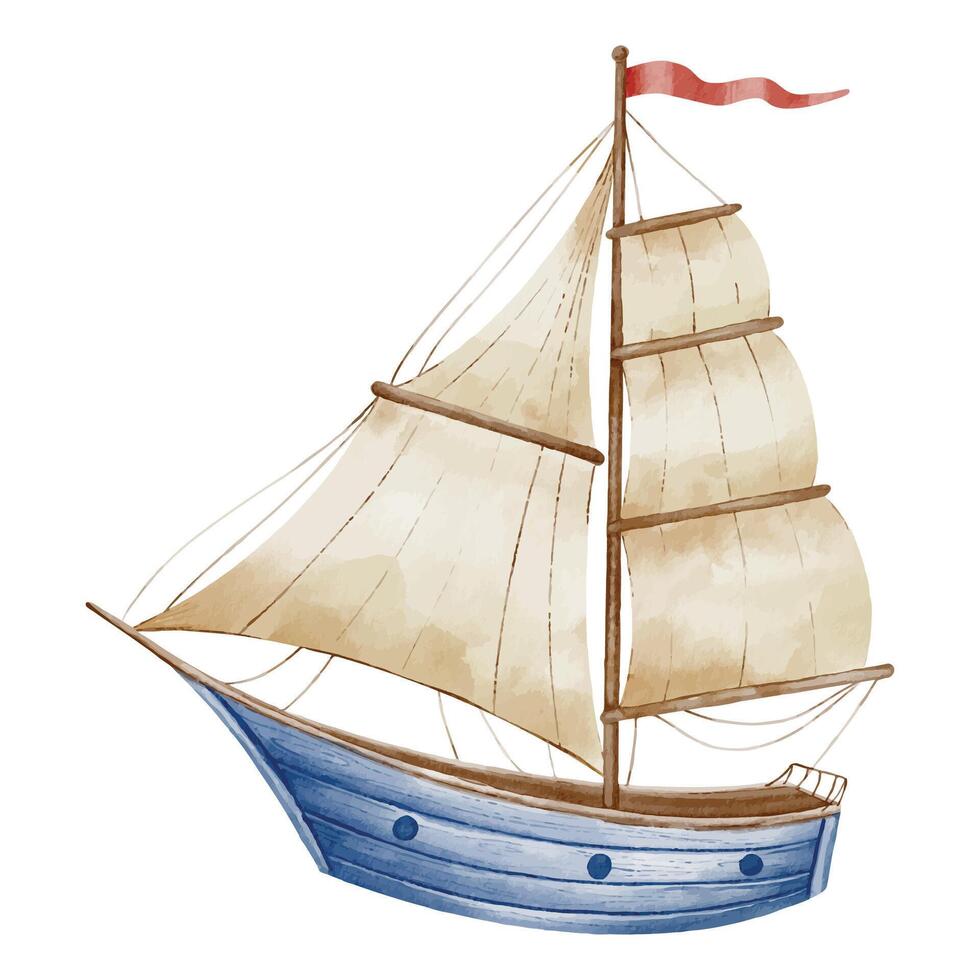 Sailboat watercolor illustration. Drawing of sailing ship in pastel colors for Baby shower design on isolated background. Sketch of Boat or Yacht for childish design in nautical style. Colorful Saile vector