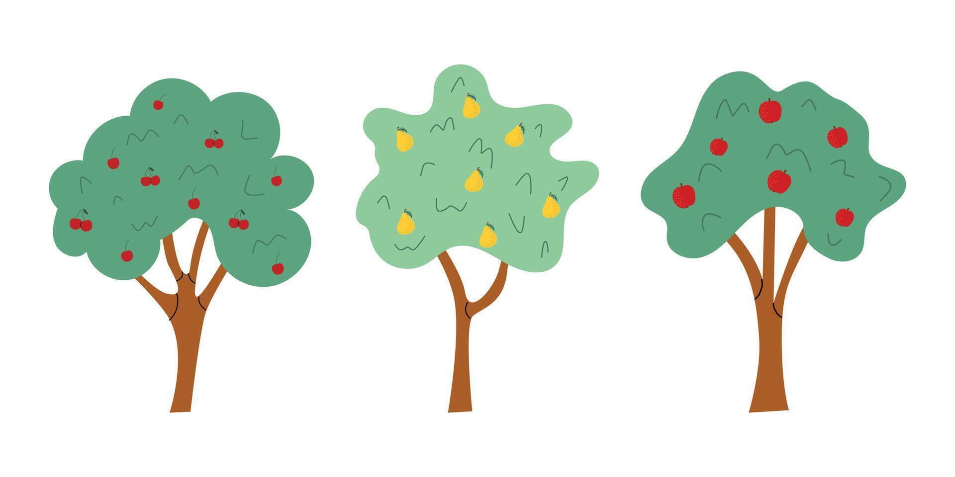 set of fruit trees. Illustration in flat style. Apple tree, pear tree, cherry tree. White isolated background. vector