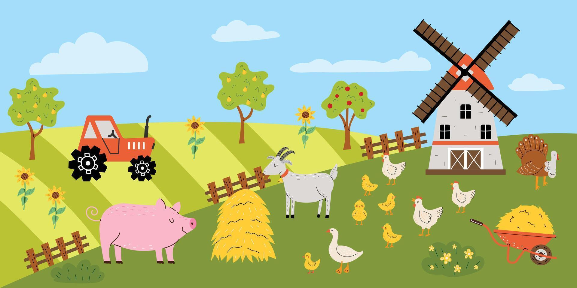 Cute background with farm animals. illustration of farmland, pig, sheep, mill, sunflower, chickens. Field with tractor. Template for banner, print, flyer. Children's illustration in cartoon style. vector