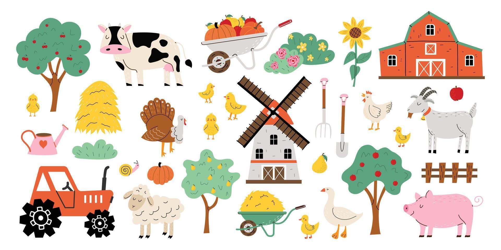 Farm animals and birds set in trendy cute style. Cow, goat, lamb 