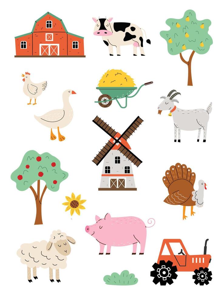 Vertical poster with farm animals. Pig, cow, mill, tractor, goose, chicken in flat style. Cute illustration. White isolated background. vector
