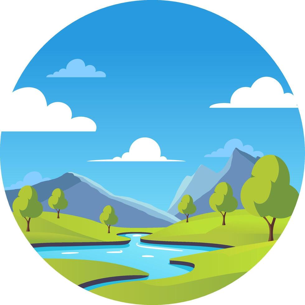 A busy, bright day with a river and mountains. vector