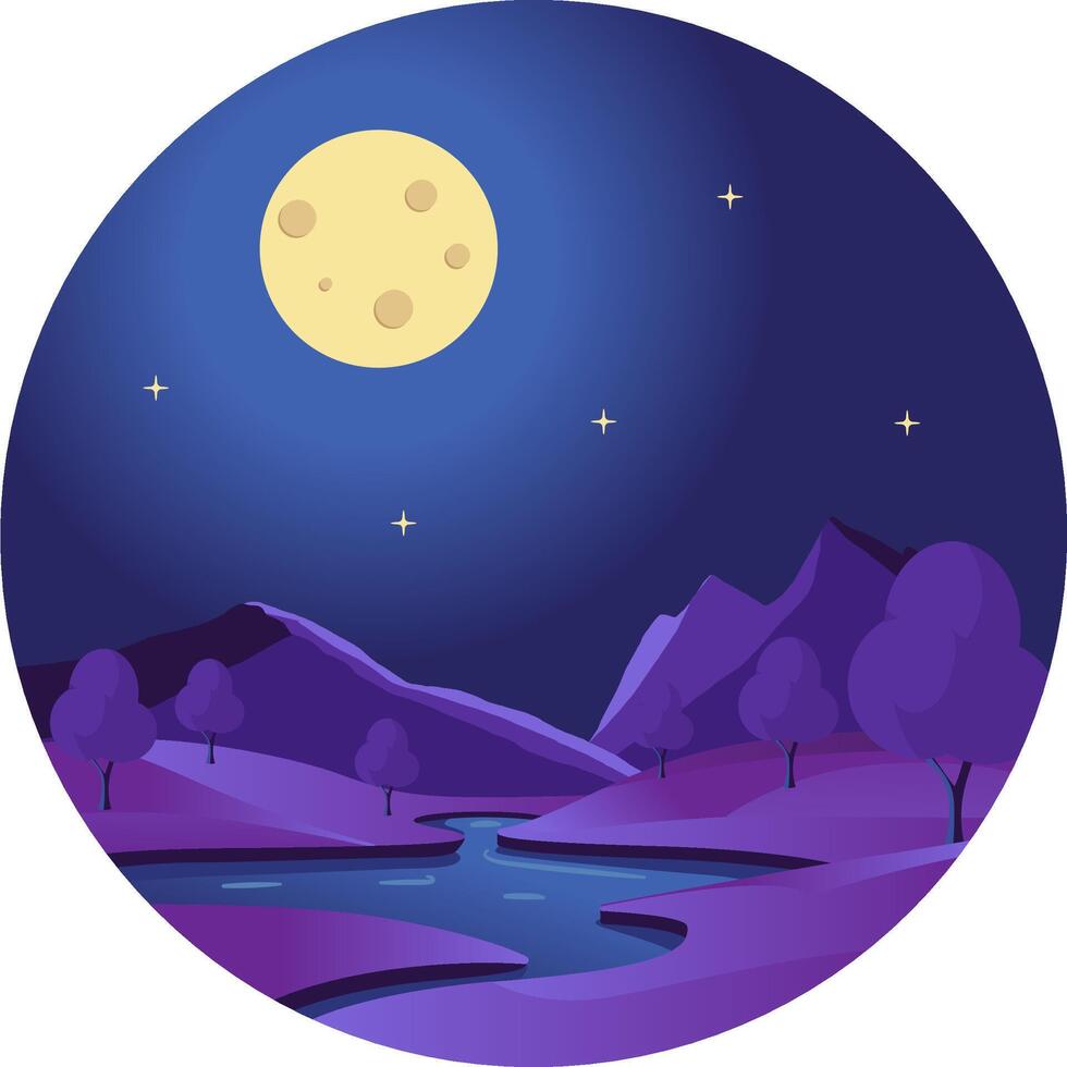 A rich, minimalist night landscape with a river and mountains. vector