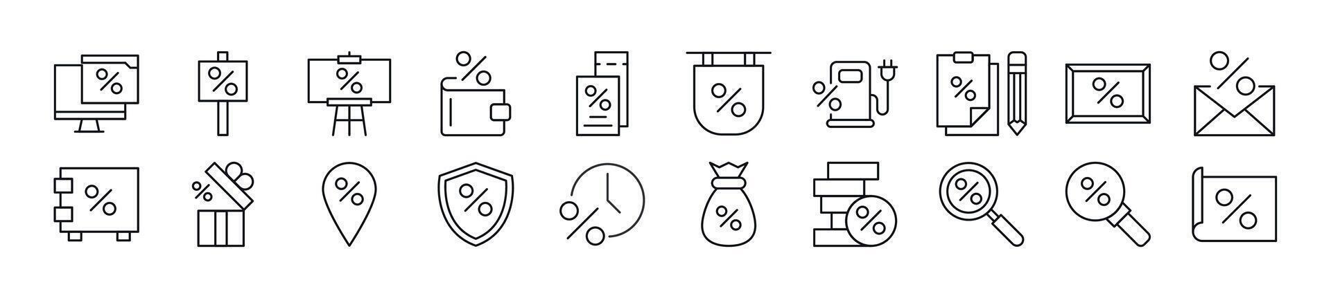 Set of line icons of percent. Editable stroke. Simple outline sign for web sites, newspapers, articles book vector