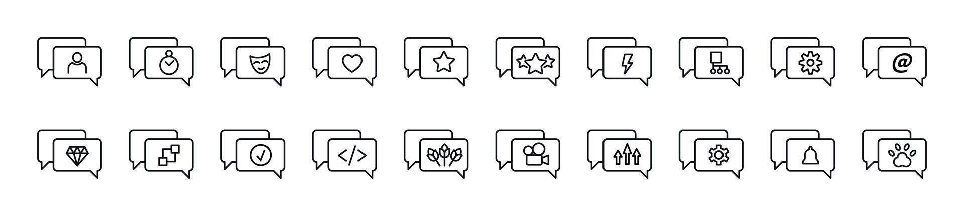 Collection of thin line icons of items in speech bubbles. Editable stroke. Simple linear illustration for web sites, newspapers, articles book vector