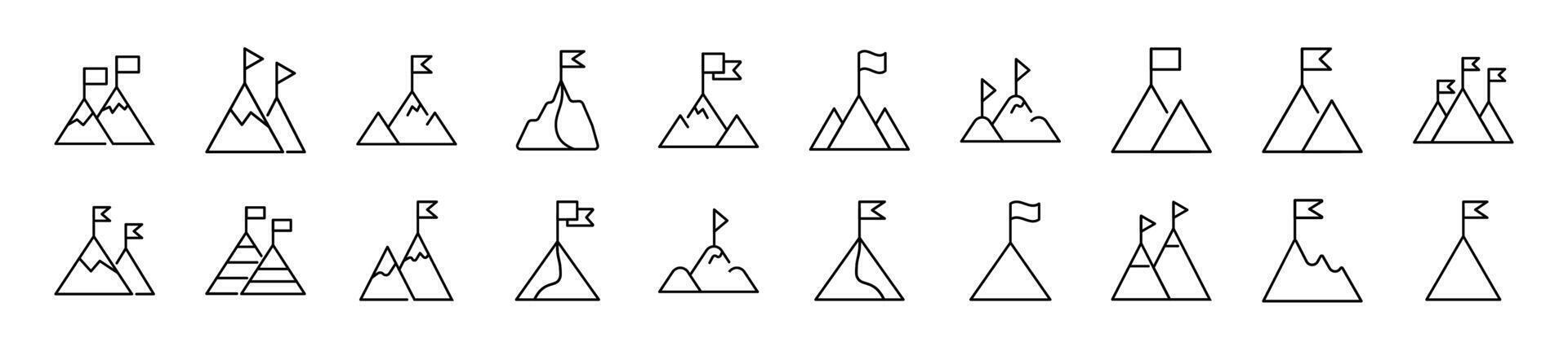 Collection of thin line icons of mountain with flag on top. Editable stroke. Simple linear illustration for web sites, newspapers, articles book vector