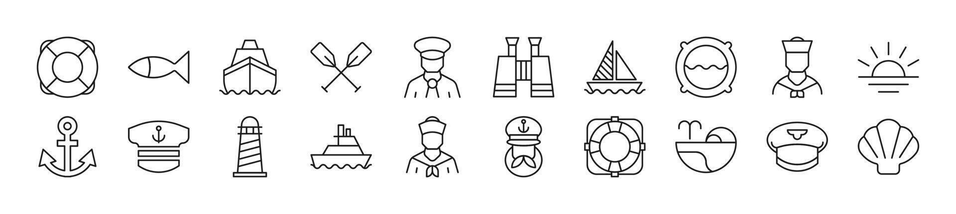 Set of line icons of sailor. Editable stroke. Simple outline sign for web sites, newspapers, articles book vector