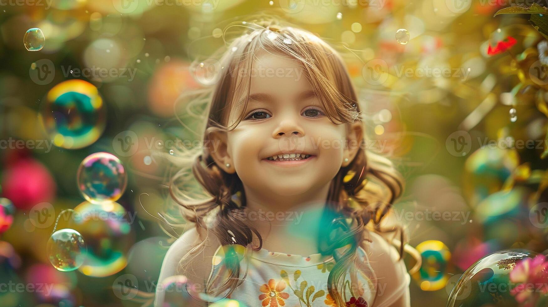 World Children's Day concept. Photo portrait of smiling girl and enjoying soap bubbles in nature