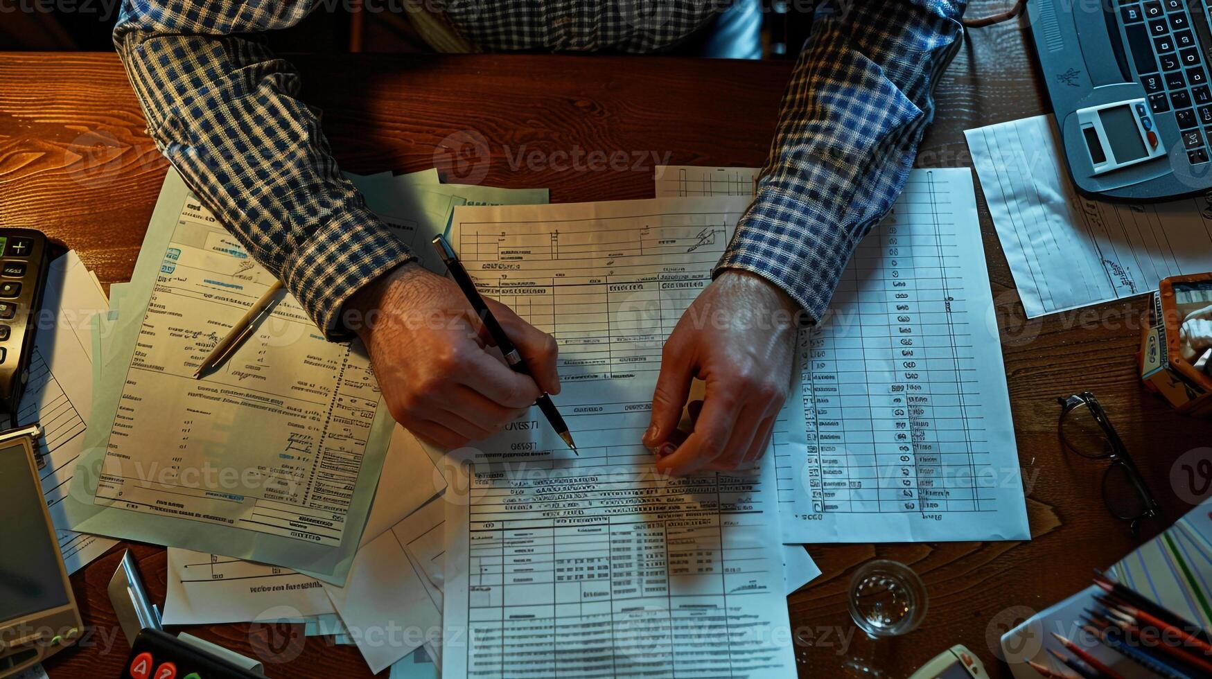 Underwriter reviewing client info for mortgage. Agent reading financial documents for loan approval photo