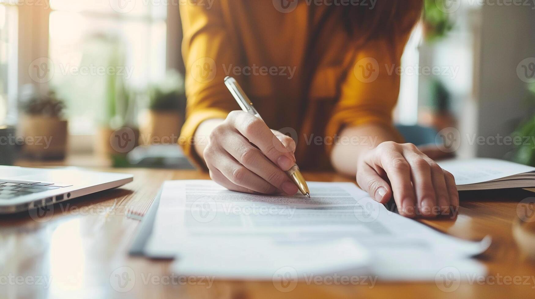 Underwriter checking client info for mortgage. Agent signing financial documents for loan approval photo