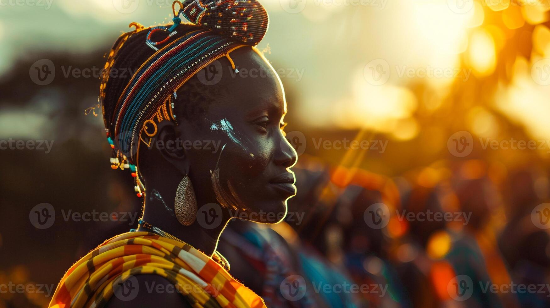 Africa Day photo concept of human rights. Female profile portrait of African woman with ethnic cloth