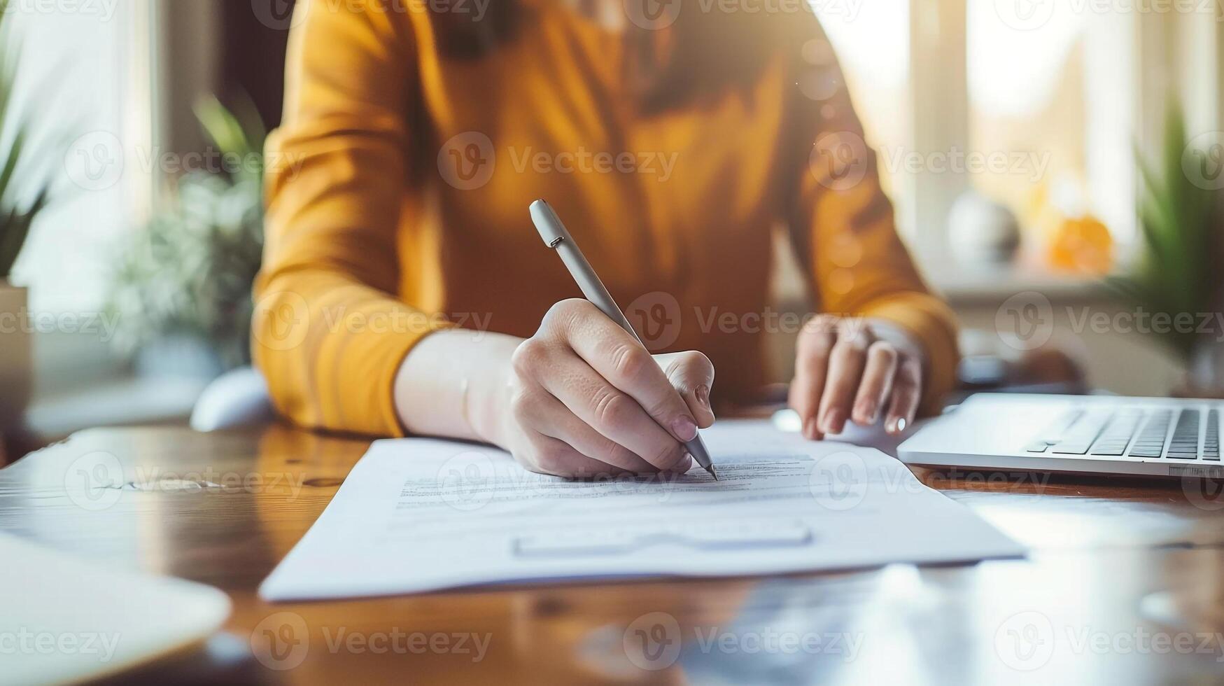 Underwriter checking client info for mortgage. Agent signing financial documents for loan approval photo
