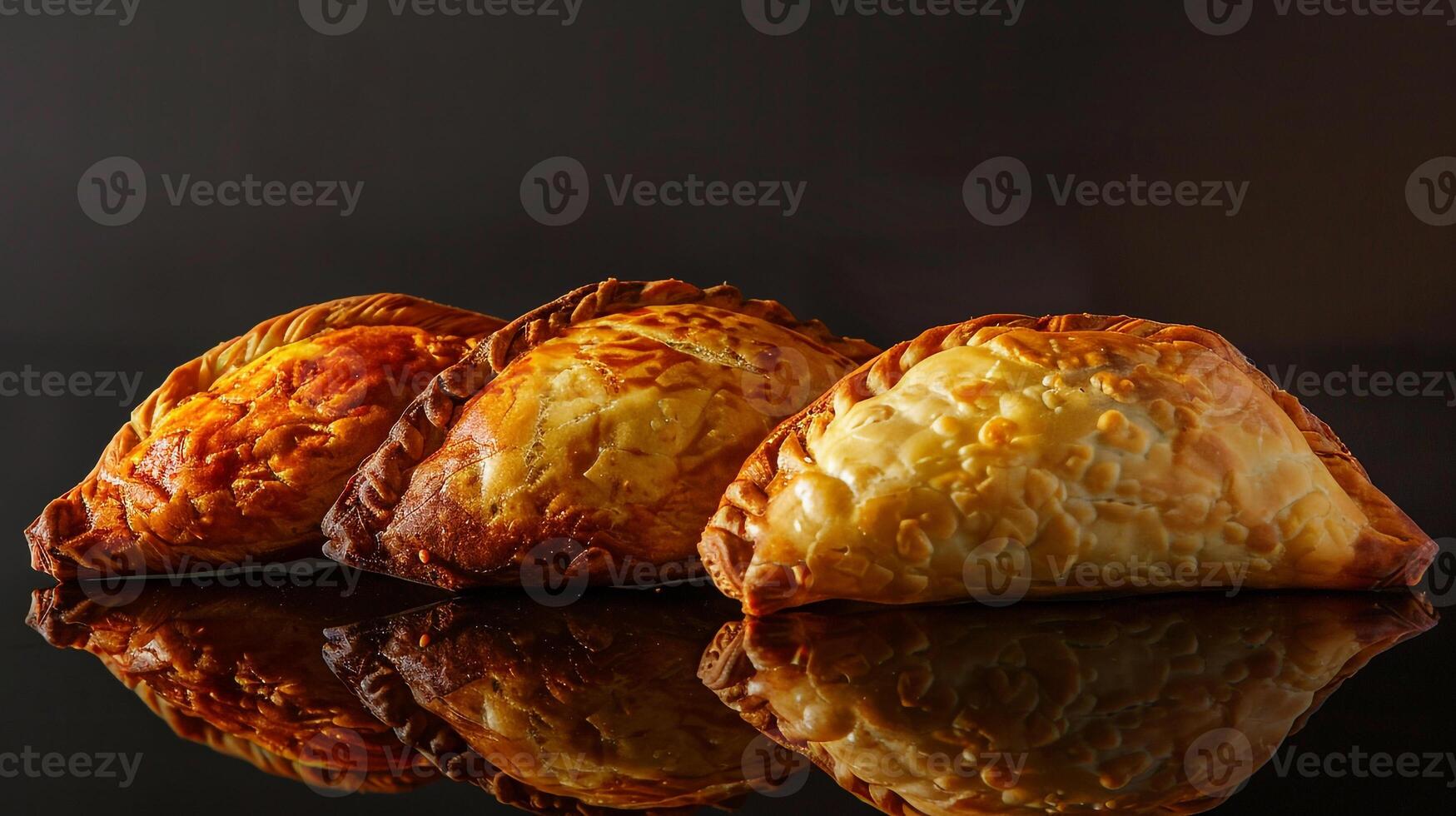 Argentine traditional food. Fried empanada pastry stuffed with beef meat on black background photo