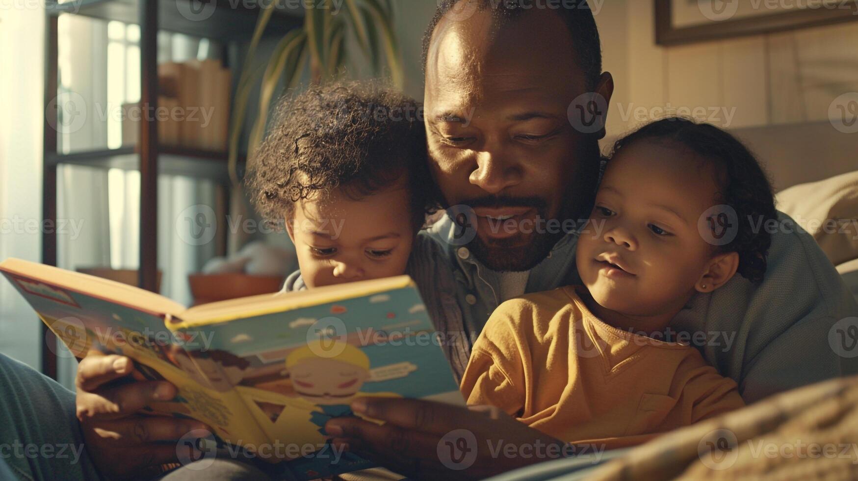 World Father's Day concept. African american dad reading to his children. Bonding relationship photo