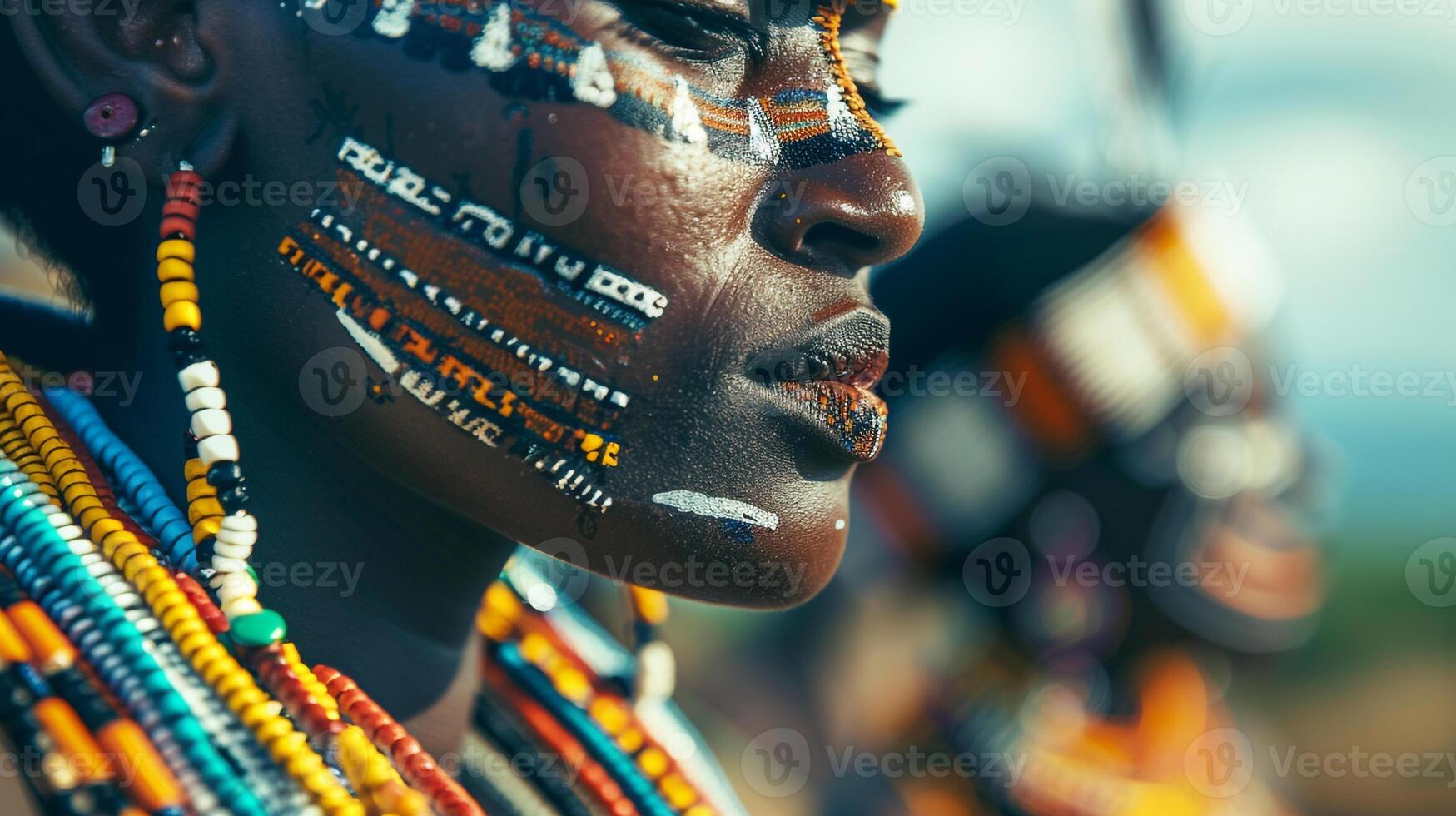 Africa Day photo concept of liberty. Female portrait of handsome African woman with painted face
