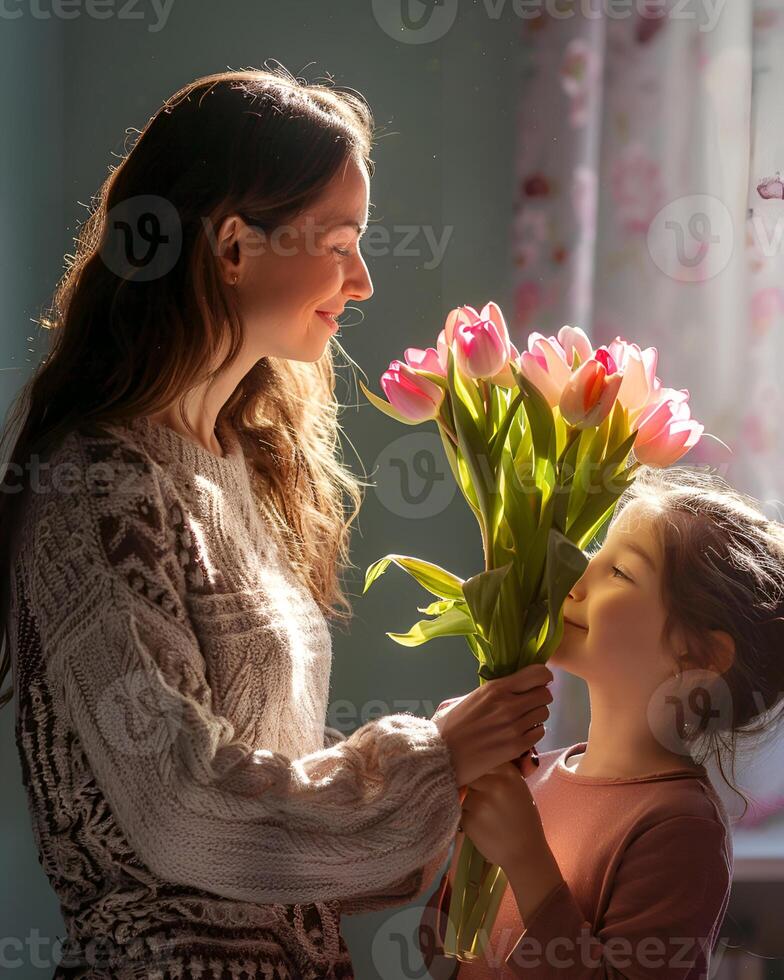 Mother with flowers from daughter photo