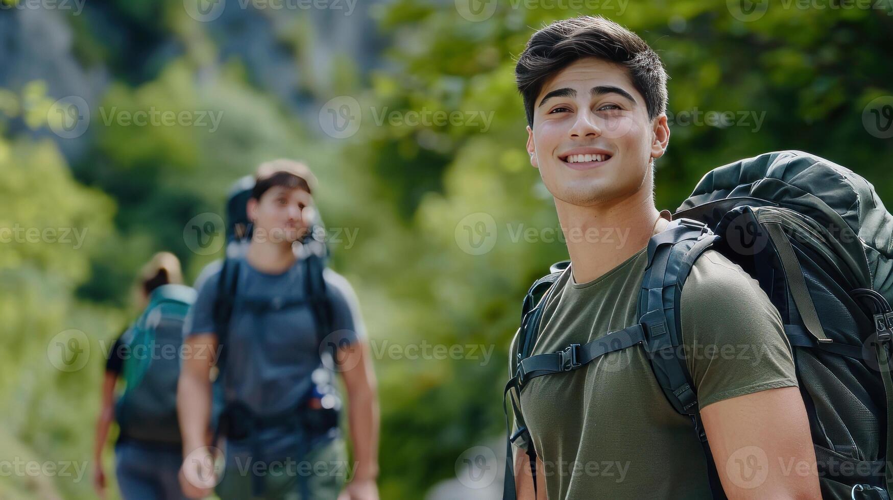 Happy man with friends with backpack for hiking mountain, travel or sightseeing photo