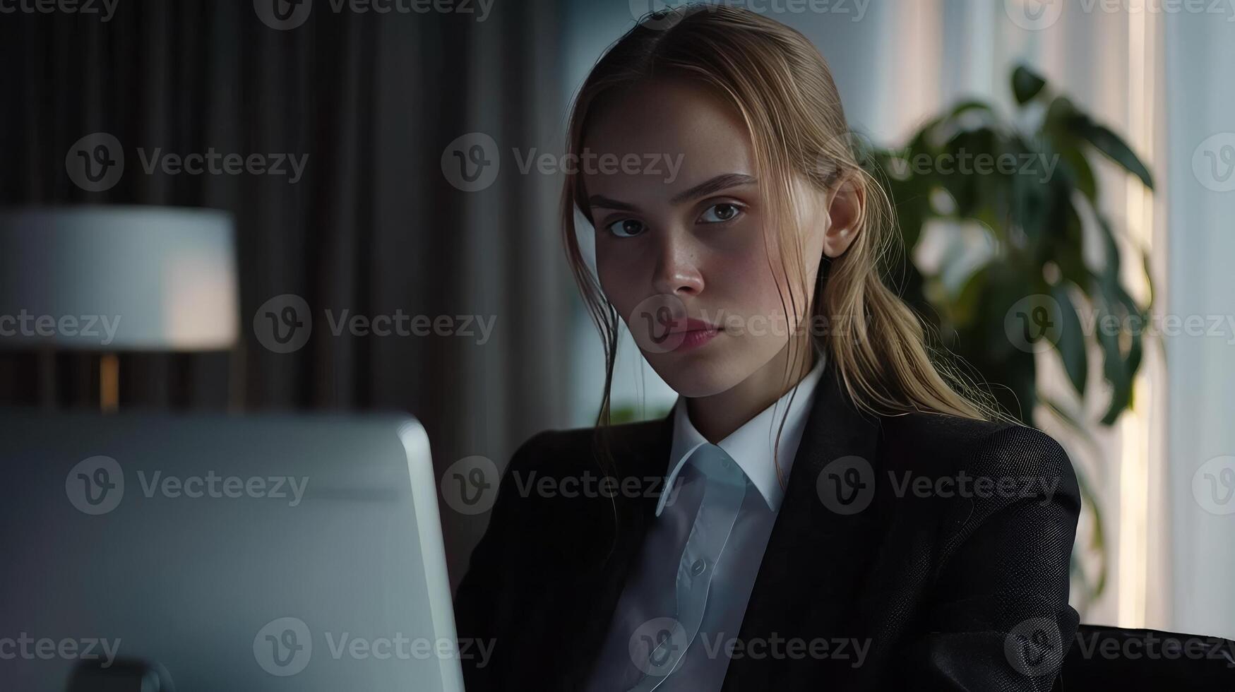 Attractive young woman in formal suit, using laptop computer having conversation on call photo