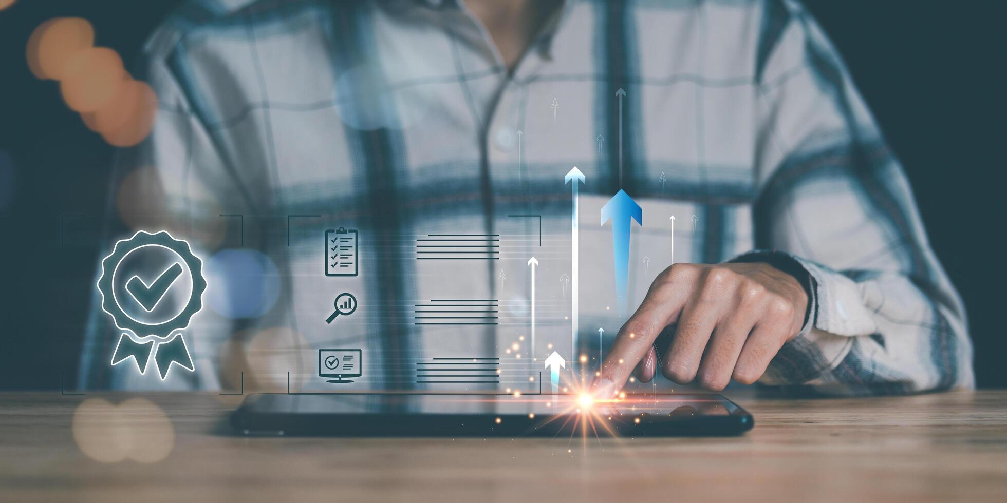 best quality assurance concept for product assurance, standard quality, business insurance Industry Certification, Guarantee, Product Certification Management,Businessman and virtual icon photo