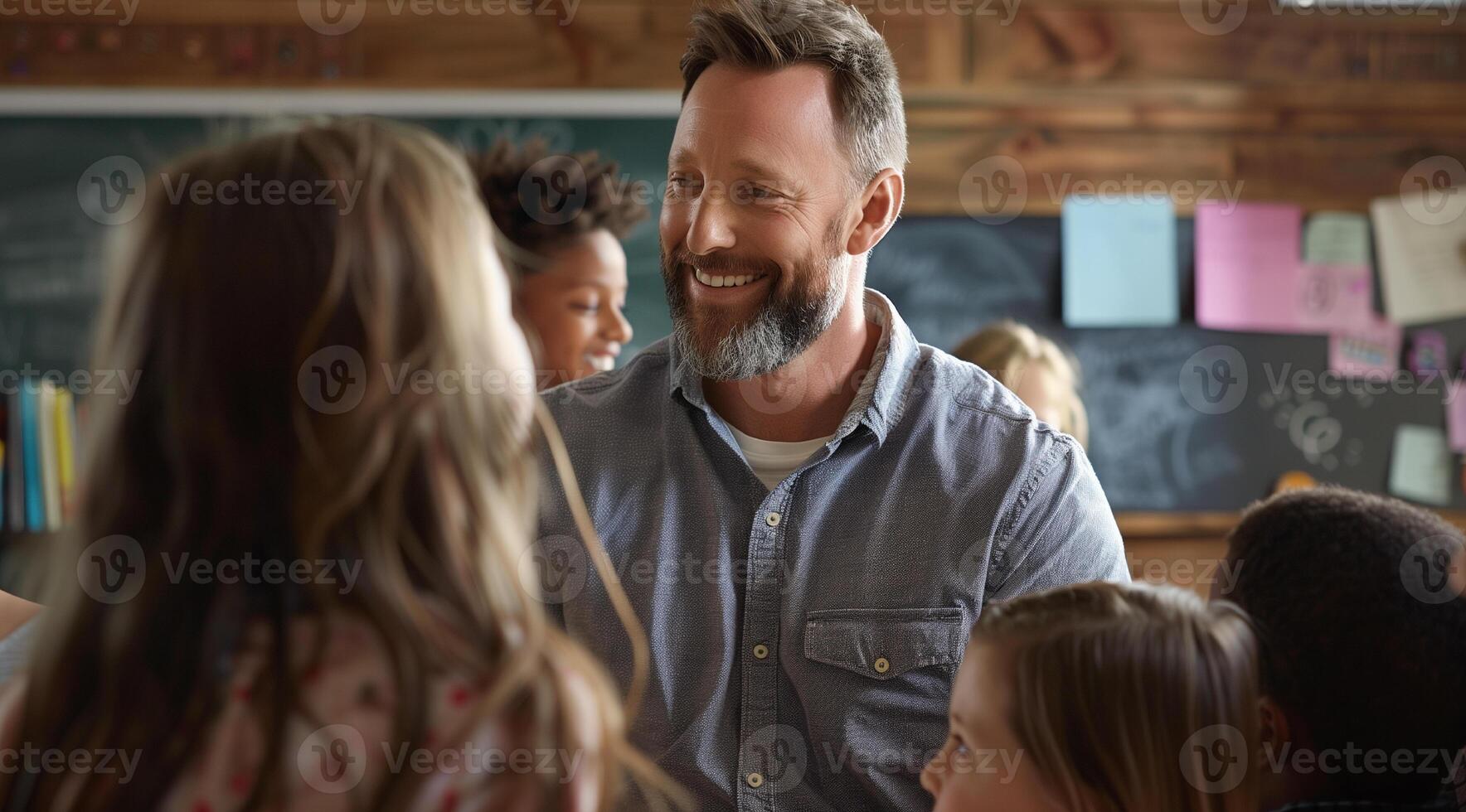 portrait of a caucasian teacher in the classroom, child behind him photo