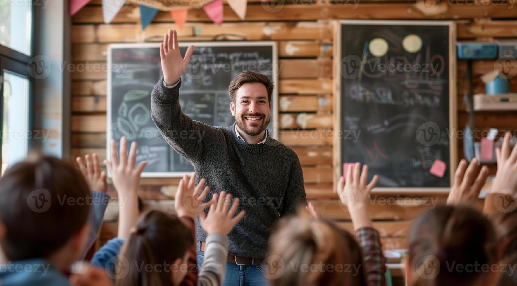 portrait of a caucasian teacher in the classroom, child behind him photo