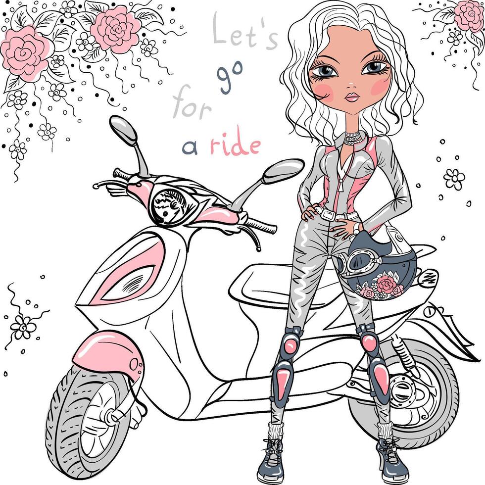 cute girl with scooter vector