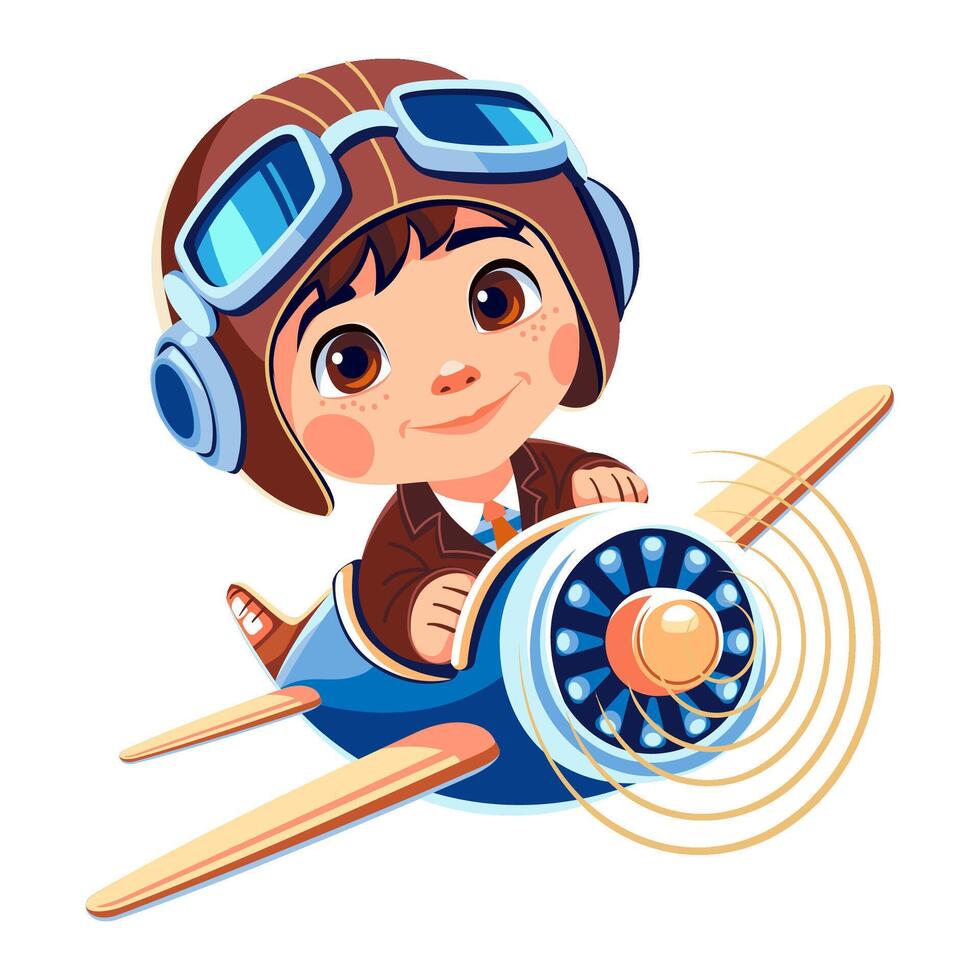 Cartoon kid pilot on toy airplane vector