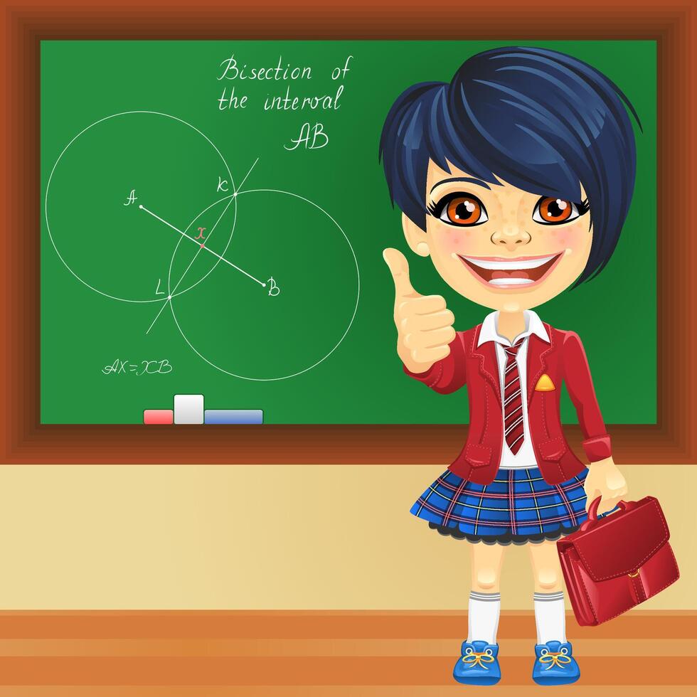 smiling schoolgirl near blackboard vector