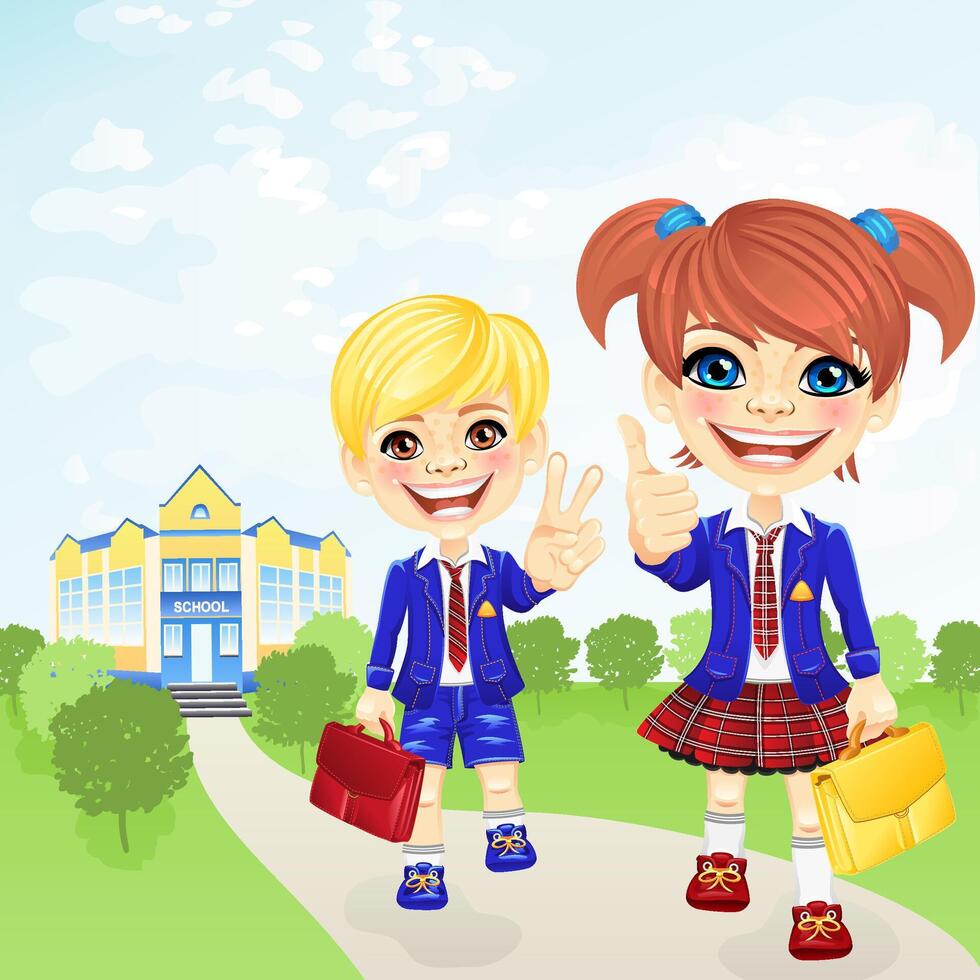 happy schoolgirl and schoolboy near school vector