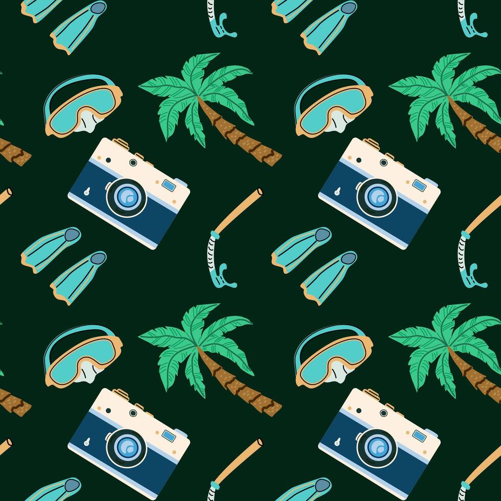 Summer vacation seamless pattern with beach elements and accessories. Can used for print for textile, wallpaper, backdrops. vector