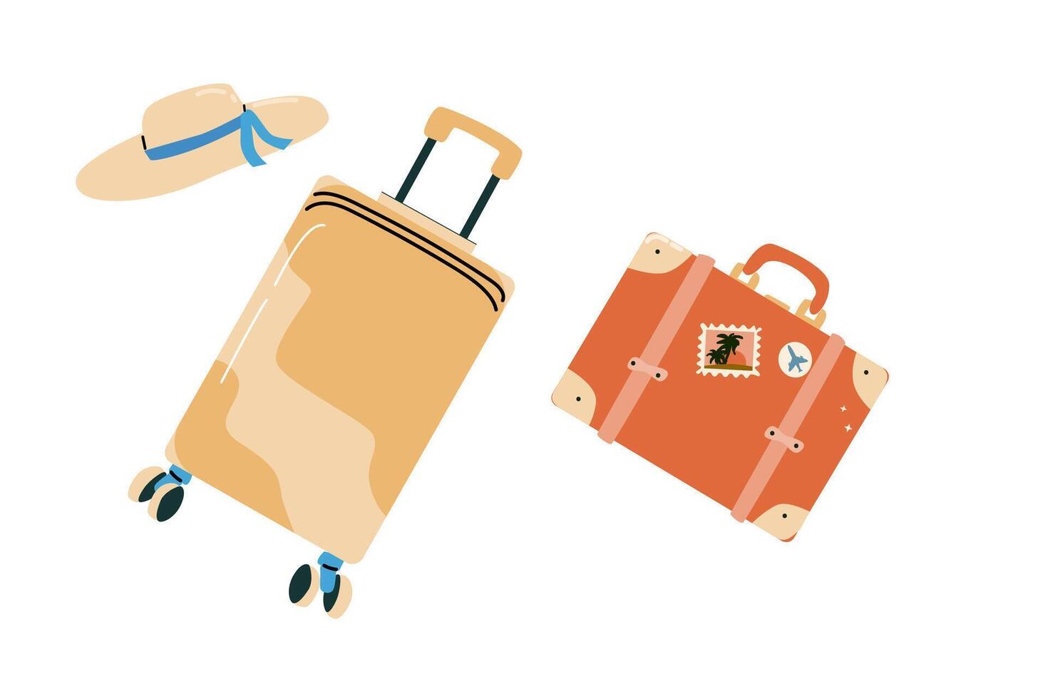 Summer vacation element of cartoon suitcase with sticker or abstract pattern and drink. Can used for stickers and patch, cover design. vector