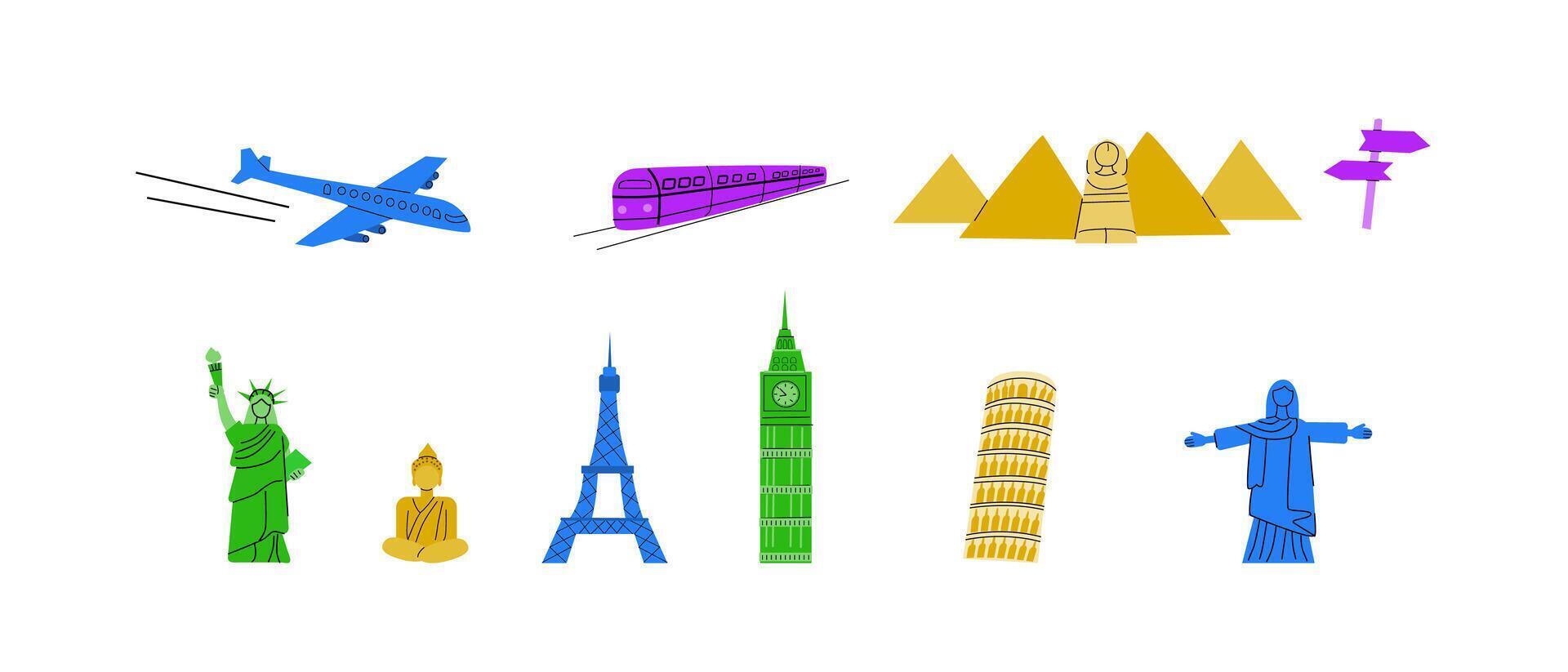Travel destinations Europe, Asia and America famous and trip summer elements set. Statues and building for landmark posters, cover design. vector