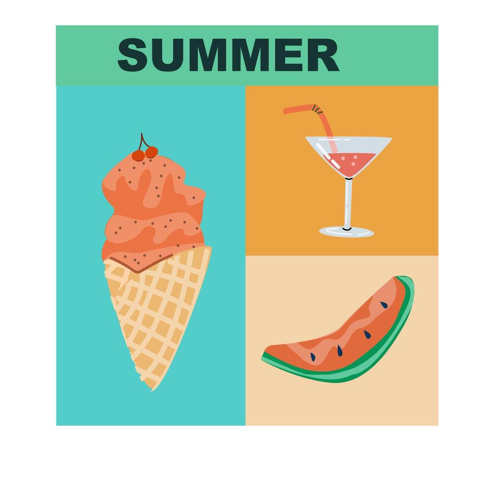Summer vacation design. Geometry Summer poster. Ice cream, cocktail and watermelon . Abstract background. Perfect background for posters, cover art, flyer, banner. vector